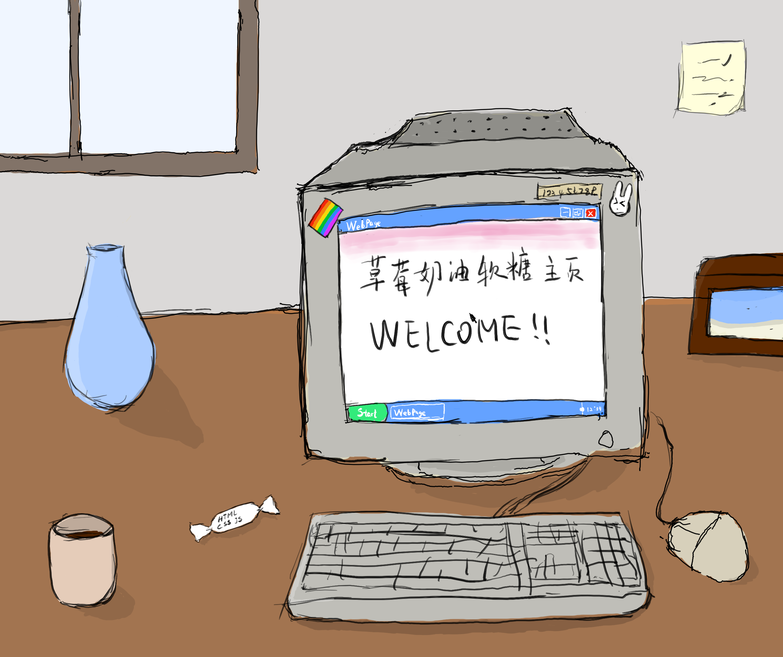 粗糙的简笔画，内容为：木制桌面上摆放着运行Windows XP的旧电脑显示器，屏幕上展示着这个网页，桌面上还有花瓶，茶杯，木制相框和奶糖
